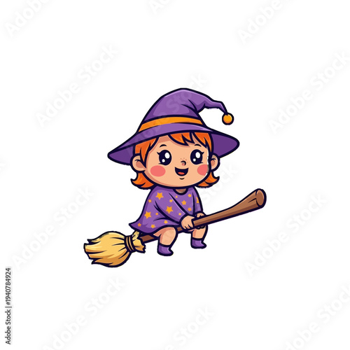 Adorable cartoon witch flying on a broomstick.