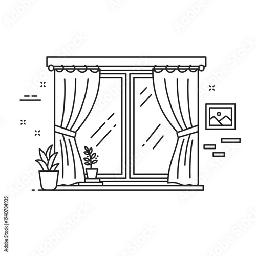 Simple Line Drawing of a Window with Curtains and Plants.
