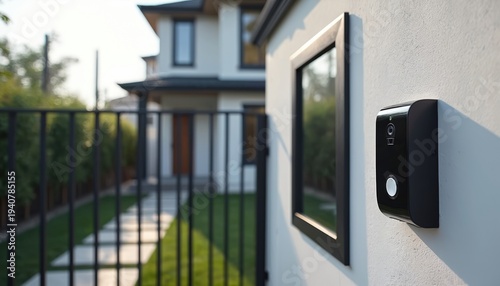 Modern video doorbell attached to house wall near black metal gate. Device offers home security and access control. Futuristic tech gadget protects property. Smart home system.