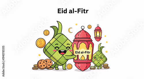 Eid Al fitr Celebration with Cute Ketupat Characters and Ramadan Lantern