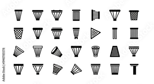 Collection of assorted black and white trash cans and waste bins in various designs and patterns on a clean background