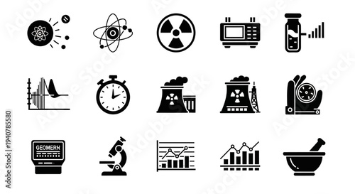 Scientific icons representing laboratory equipment and data analysis in a simple black and white illustration style