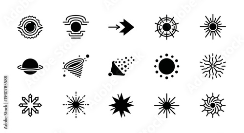 Collection of abstract celestial body icons and symbols displayed in a grid arrangement, featuring various shapes and designs related to space and astronomy