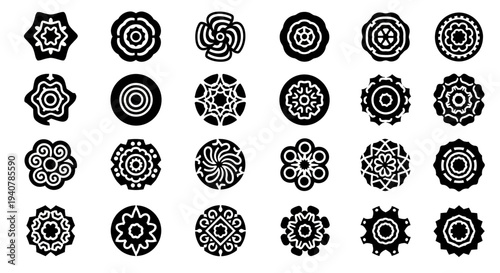 Collection of twenty black and white geometric shapes on a plain white background viewed from directly above