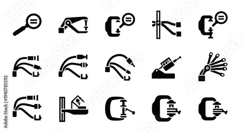 Collection of black icons representing various actions and tools on a clean white background