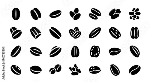 Collection of various coffee beans and related elements arranged in a grid pattern