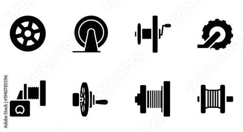 A collection of industrial machinery icons, including gears, reels, and film, displayed in a grid layout, viewed from directly above, showcasing various mechanical components.