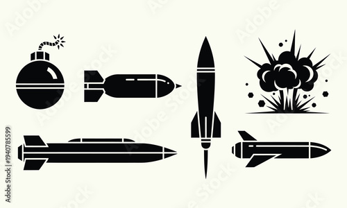 Bomb Grenade and Missile Weapon Silhouette Icon Collection Military Ammunition Vector