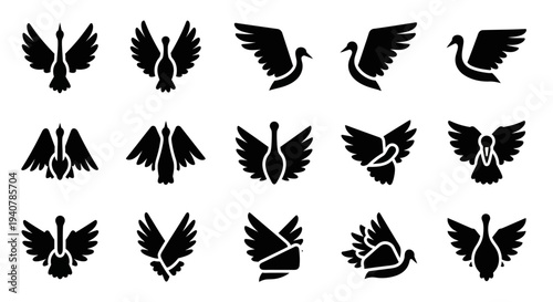 Various black silhouettes of birds in flight and standing on a white background from different viewpoints