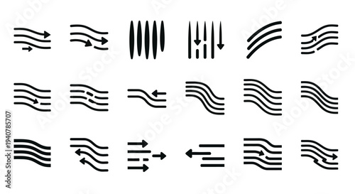Collection of abstract black line icons on a plain white background, showcasing various wavy and straight designs from a direct viewpoint