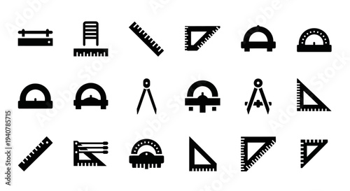 Collection of geometric drawing tools and instruments displayed on a clean white background from a straightforward viewpoint