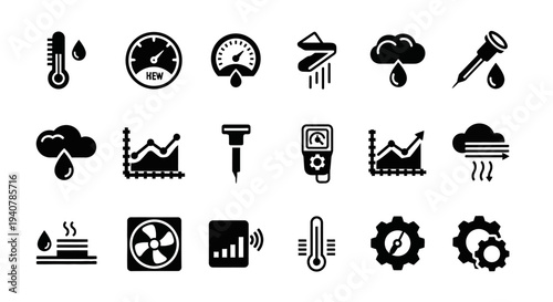 Collection of weather and technology icons representing various environmental and scientific concepts in a simple, monochromatic illustration style