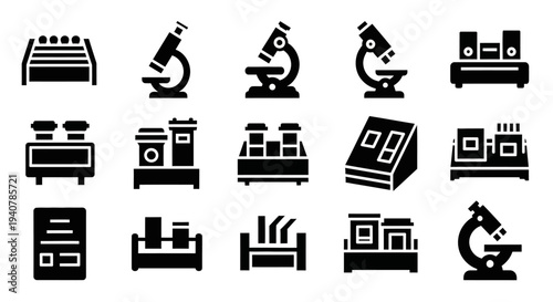 Collection of Laboratory Equipment Icons Representing Scientific Research and Experimentation in Various Settings