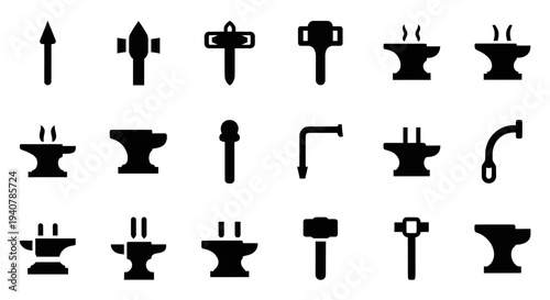 Collection of blacksmithing tools arranged in a grid pattern on a plain background from a direct viewpoint
