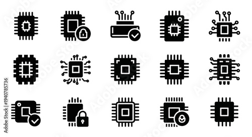 Collection of Microchip Icons Representing Various Technology and Security Concepts