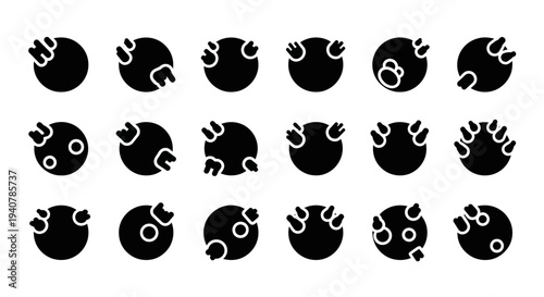 Collection of black silhouettes of various abstract designs on a clean background viewed from directly above