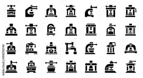 Collection of industrial machinery icons in a grid pattern on a plain background viewed from directly above