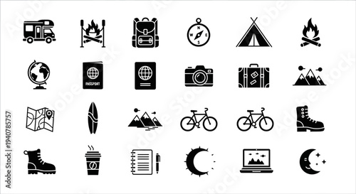 A collection of twenty-one black icons representing travel, adventure, and outdoor activities on a white background from a straightforward viewpoint.