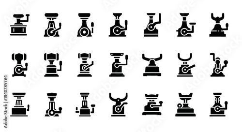 Collection of coffee grinder icons displayed in a grid on a clean background