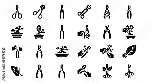 Collection of Simple Black Silhouette Icons Representing Gardening Tools and Plants