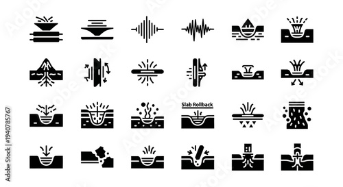 Collection of abstract black icons representing various concepts on a clean white background, viewed directly from the front