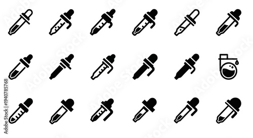 Collection of Various Laboratory Equipment Icons in Black and White Illustrations