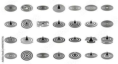 Collection of various abstract black and white spiral designs and shapes in different styles