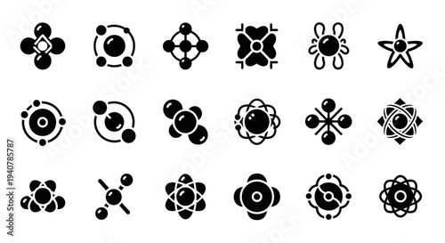 Collection of abstract molecular and atomic structures illustrated in black on a plain background from a straightforward viewpoint