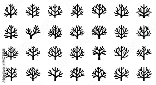 Collection of diverse tree silhouettes arranged in a grid pattern on a clean background from a straightforward viewpoint