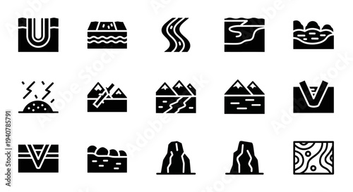 Collection of simple black and white icons representing various natural landscapes and geological formations displayed on a grid