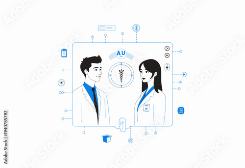Illustration of Two Healthcare Professionals Engaging in a Digital Consultation Interface with Medical Icons and Connectivity Symbols Surrounding Them