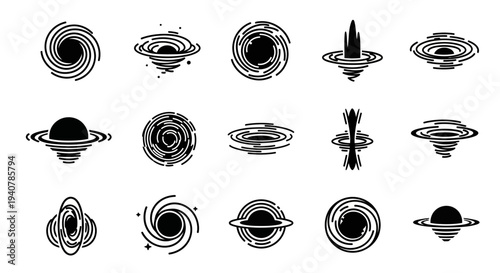 Collection of various celestial body illustrations depicted in black and white, showcasing different planets and galaxies from a distant viewpoint