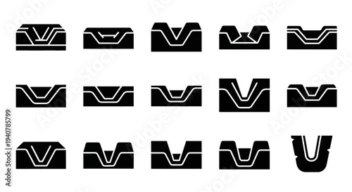 Collection of Abstract Geometric Shapes with White Outlines on Black Background, Illustration, Various Views, Graphic Design Elements