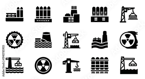 Collection of industrial icons representing nuclear power and energy production facilities and equipment in a monochrome illustration style