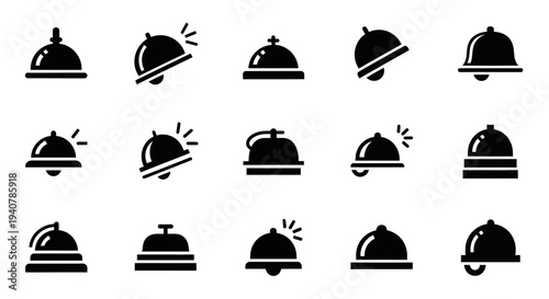 Collection of service bell icons in various states and styles on a plain background from a straight-on viewpoint
