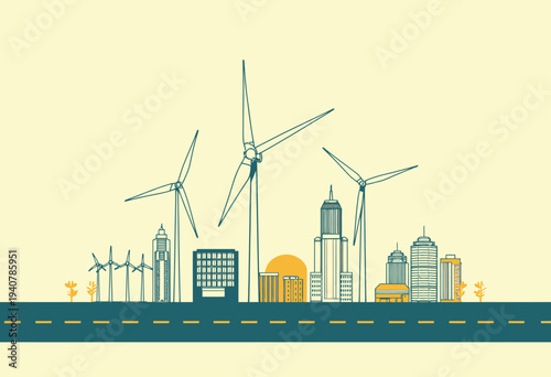 Illustration depicting urban skyline with renewable energy wind turbines emphasizing sustainable city development and eco-friendly architecture