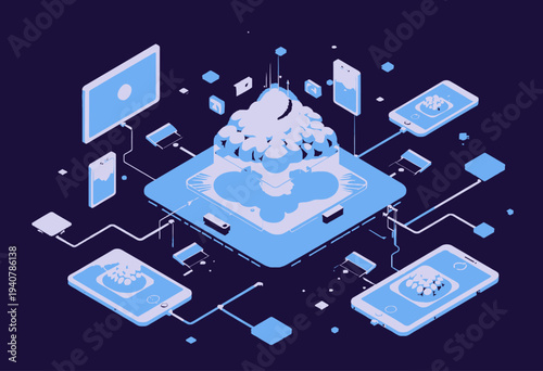 Futuristic digital platform showcasing interconnected devices leveraging cloud computing technologies for seamless data exchange and enhanced efficiency