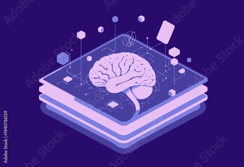 Futuristic Illustration of Artificial Intelligence and Digital Technology with Brain Hologram and Connected Devices in a Virtual Matrix Environment