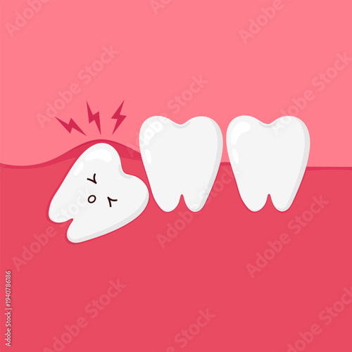 Toothache caused by impacted wisdom tooth. Dental problem concept. Vector illustration isolated on white background
