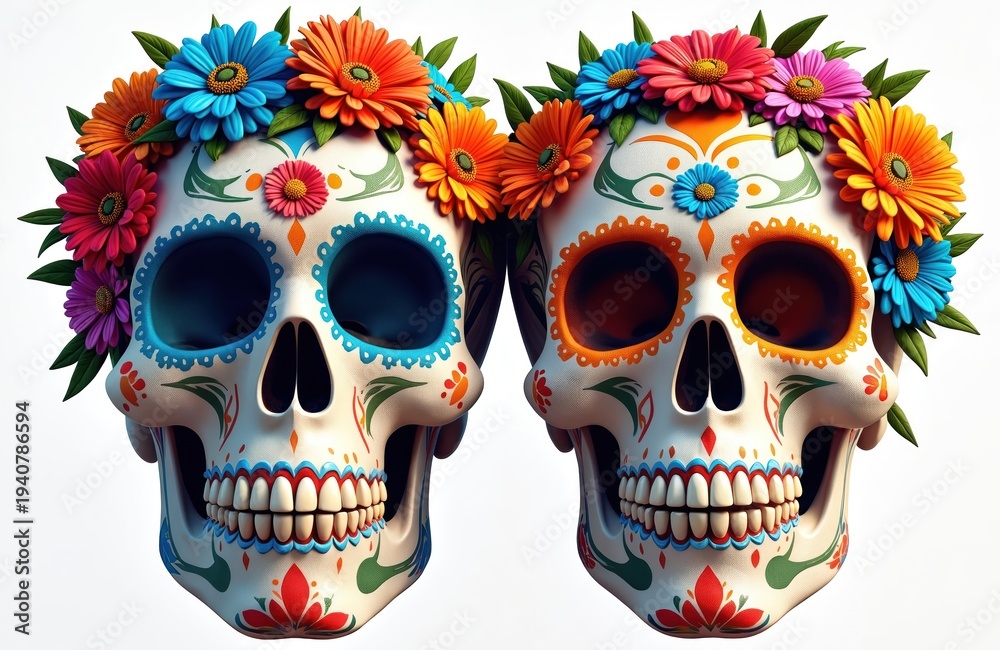 Obraz premium Two decorated sugar skulls wear colorful flower crowns, symbolizing Day of the Dead celebrations. Skulls have intricate face paint designs, representing life and death.