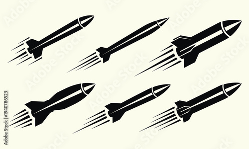 Rocket Launch Missile Takeoff Icon Set Space and Military Rocket Silhouette Vector