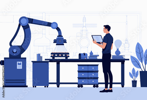 Futuristic Industrial Automation with Human Interaction featuring a Robotic Arm and Control Panel in a Modern Manufacturing Environment