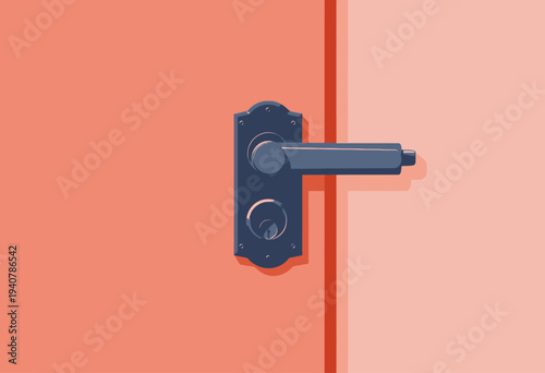 Detailed Illustration of a Modern Dark Handle Lock on a Smooth Red Door Surface with Sharp Shadow Play Enhancing the Architectural Design Elements