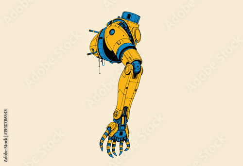 Intricate mechanical robotic arm design with vibrant yellow and blue colors showcasing futuristic technology and sophisticated engineering mechanisms
