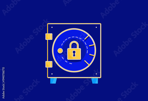 Illustration of a Secure Safe with Combination Lock Symbolizing Protection, Security, and Safety on a Dark Blue Background