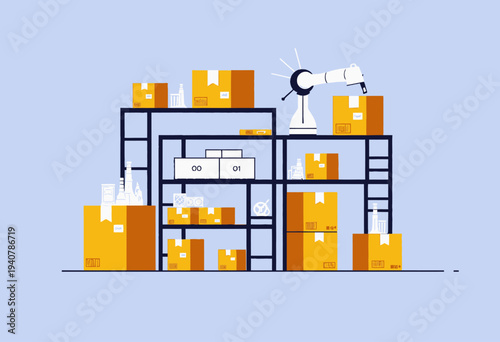 Automated Robotic Arm Organizing Cardboard Boxes on Industrial Shelving in Modern Warehousing Facility