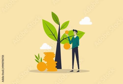 Illustration of Financial Growth Featuring a Businessperson with Stacks of Coins and a Growing Plant Symbolizing Investment and Economic Prosperity
