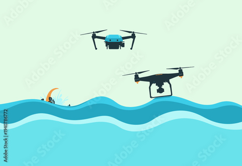 Aerial Observation: Dual Drone Systems Hovering Over Animated Ocean Waves and Colorful Foliage Elements