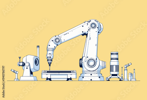 Intricate Robotic Arm in a Modern Industrial Setting with Precision Tools Depicting Advanced Automated Technology and Sophisticated Machinery Operations