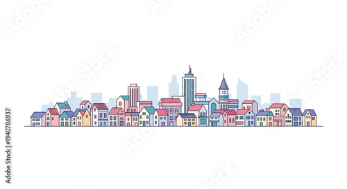 Flat line vector illustration of a modern urban city skyline and townscape on white background.